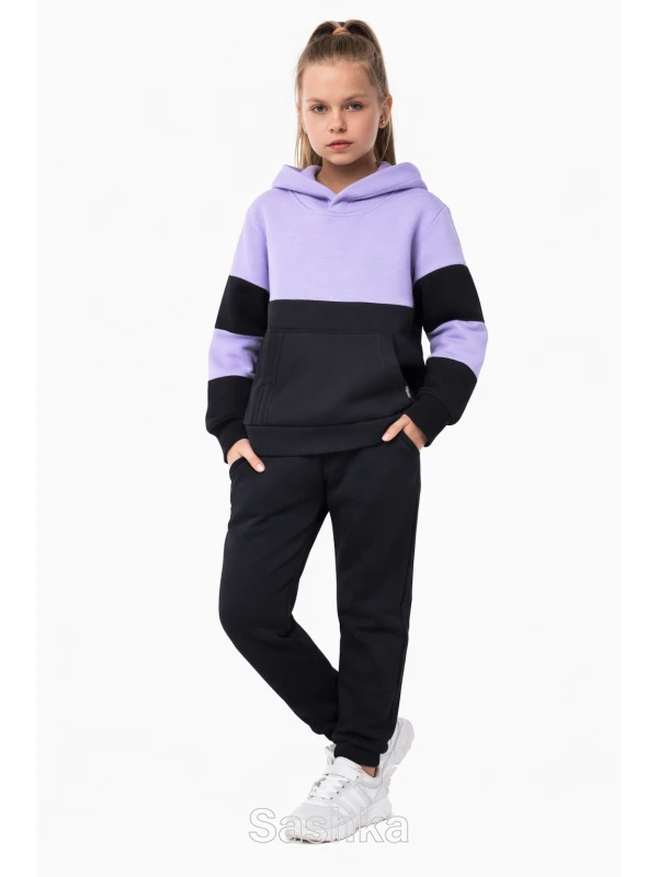 Трикотажний костюм на флісі бузково-чорний з чорними штанами для дівчинки